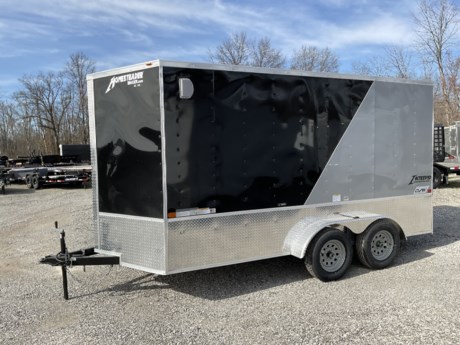2024 HOMESTEADER 7&#39; X 14&#39; ENCLOSED CARGO TRAILER FOR SALE, BLACK / SILVER MIST SLANT TWO TONE ALUMINUM EXTERIOR, 2-3.5K ELECTRIC BRAKE AXLES, SPRING SUSPENSION, 15 INCH RADIAL TIRES, FLAT TOP, V-NOSE, 7 FOOT INTERIOR HEIGHT, 16 INCH ON CENTER WALL POSTS, REAR RAMP DOOR WITH EXTENDED WOOD FLAP, 32 INCH SIDE DOOR WITH BAR LOCK, 3/4&quot; PLYWOOD FLOOR, 3/8&quot; PLYWOOD WALLS, FLOW THRU VENTS - SIDEWALL, (4) RECESSED FLOOR MOUNT D-RINGS, ALUMINUM TREAD PLATE ON SIDES AND REAR (24 INCH TALL), A-FRAME JACK, 2-5/16&quot; COUPLER.
