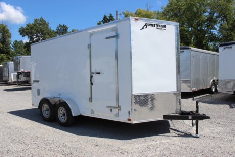 2024 HOMESTEADER 7&#39; X 14&#39; ENCLOSED CARGO TRAILER FOR SALE, WHITE ALUMINUM EXTERIOR, 2-3.5K ELECTRIC BRAKE AXLES, SPRING SUSPENSION, 15 INCH RADIAL TIRES, FLAT TOP, V-NOSE, 78IN INTERIOR HEIGHT, 16 INCH ON CENTER WALL POSTS, REAR RAMP DOOR WITH EXTENDED WOOD FLAP, 32 INCH SIDE DOOR WITH BAR LOCK, 3/4&quot; PLYWOOD FLOOR, (4) RECESSED FLOOR MOUNT D-RINGS, 3/8&quot; PLYWOOD WALLS, FLOW THRU VENTS - SIDEWALL, A-FRAME JACK, 2-5/16&quot; COUPLER.