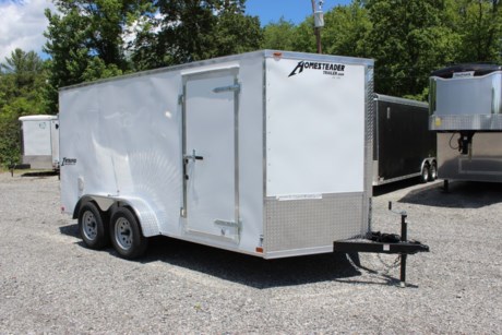 2024 HOMESTEADER 7&#39; X 14&#39; ENCLOSED CARGO TRAILER FOR SALE, WHITE ALUMINUM EXTERIOR, 2-3.5K ELECTRIC BRAKE AXLES, SPRING SUSPENSION, 15 INCH RADIAL TIRES, FLAT TOP, V-NOSE, 78IN INTERIOR HEIGHT, 16 INCH ON CENTER WALL POSTS, REAR DOUBLE DOORS, 32 INCH SIDE DOOR WITH BAR LOCK, 3/4&quot; PLYWOOD FLOOR, 3/8&quot; PLYWOOD WALLS, FLOW THRU VENTS - SIDEWALL, A-FRAME JACK, 2-5/16&quot; COUPLER.