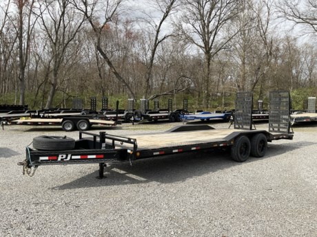 2022 USED PJ 20K EQUIPMENT TRAILER WITH STAND UP RAMPS, TREATED WOOD FLOOR, BLACK POWDERCOAT, WIRING HARNESS, LED LIGHTS, 2-10K DEXTER ELECTRIC BRAKE AXLE