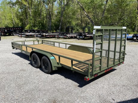 2024 LOAD TRAIL 20 FT TANDEM AXLE ANGLE/TUBE UTILITY TRAILER
2&quot; x 3&quot; Angle Frame
2 - 3,500 Lb Dexter Spring Axles (2 Elec FSA Brakes)
ST205/75 R15 LRC 6 Ply. (BLACK WHEELS)
Coupler 2&quot; A-Frame Cast
Treated Wood Floor
Smooth Plate Straight Fenders (weld-on)
4&#39; Fold In Gate Tubing w/Exp. Metal &amp; Side Rail Ramps
24&quot; Cross-Members
Jack 2000 lb.
Lights LED (w/Cold Weather Harness)
4 - Corner Tie Downs
Sq. Tube Side Rails (weld on)
Spring Assist on Fold Gate
Spare Tire Mount
Army Green (w/Primer)
Road Service Program 903-783-3933 for Info.