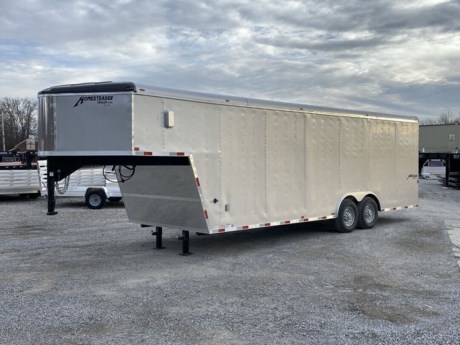 2024 HOMESTEADER 8.5&#39; X 32&#39; HERCULES GOOSENECK ENCLOSED CARGO TRAILER, GOOSENECK VEE-NOSE, 2 SPEED DUAL LANDING GEAR, 84&quot; INTERIOR HEIGHT, 2-7K TORSION AXLES, ELECTRIC BRAKES, ST235/80R16&quot; TIRES, SILVER MOD WHEELS, SPARE TIRE COMPARTMENT, .030 SILVER MIST ALUMINUM EXTERIOR, DOUBLE REINFORCED REAR RAMP DOOR WITH EXTENDED WOOD FLAP, 48&quot; SIDE DOOR WITH BAR LOCK, ADDITIONAL DOOR HINGE, KEYED LOCKABLE DOOR HASPS, 4 FOOT BEAVER TAIL, 3/4&quot; PLYWOOD FLOOR, 3/8&quot; PLYWOOD WALLS, (12) RECESSED FLOOR MOUNT 5000# D-RINGS, (5) 12V LED INTERIOR DOME LIGHTS, 12V INTERIOR WALL SWITCH, REAR LOADING LIGHT, DOUBLE LED TAILLIGHTS, BACK-UP LIGHTS, (10) ADDITIONAL LED CLEARANCE LIGHTS, FLOW THRU VENTS (PAIR), 12&quot; ON CENTER ROOF BOWS, WALL POSTS, AND FLOOR CROSSMEMBERS, WINCH PLATE, 3 YEAR LIMITED STRUCTURAL WARRANTY. 110 VOLT POWER AND LIGHT PACKAGE