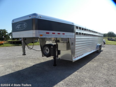 &lt;p&gt;We are delighted to offer this SHARP NEW 4 STAR Deluxe Livestock Trailer!&amp;nbsp;&lt;strong&gt;19,150 lb. payload!!!&lt;/strong&gt;&amp;nbsp;This is one superb 7&#39;6x32&#39;x6&#39;6&quot; cattle hauling rig, talk about the ultimate in performance and ease of use! This unit features 2- 10,000 lb. Dexter torsion axles with &lt;strong&gt;electric over hydraulic disc brakes&lt;/strong&gt; with an adapter to make it work with regular brake controllers, 17.5&quot; heavy duty steel wheels with, 18 ply MICHELIN radial trailer tires, matching spare tire and rim, &lt;strong&gt;electric over hydraulic 12k jack by&lt;/strong&gt; Equalizer Systems with self contained battery and trickle charger, side escape door with padded butt chain and push/pull holdback, full swing rear gate with a super smooth slider and slam latch, 2- center gates with sliders and double catch slam latches with exterior releases, fold down gate closes off the nose, air vents in the dropwall, plexi glass ready on the sides, heavy duty rear skid plate to help protect the trailer if it drags, heavy duty rear rubber bumper trailer and livestock protection, LED lights, 3- interior LED dome lights (1- centered in each compartment), switch for interior lights is recessed in the rear frame, full length running boards with gusset joining to the rear frame, smooth formed .050 thickness nose sheeting&amp;nbsp; (metallic charcoal in color) with polished nose caps, one piece .040 thickness aluminum roof with 3M Extreme Sealing tape around the edges to preclude any leaks, .090 heavy duty teardrop fenders (riveted on for easier replacement if ever needed), sealed wiring harness to eliminate wiring issues down the road, heavy duty tubing sidewall supports 15&quot; on center, arched tubing roof bows 32&quot; on center, heavy duty 4&quot; aluminum I-beam floor supports 95/8&quot; on center, all points around the trailer that are subjected to extra stress in heavy duty use have extra gusseting (see photos), the top rail on all 4 Star trailers is the strongest in the industry with its inside structural web (that also protects the wiring which can be accessed through removable panels), the bottom rail is also structurally superior to competitors trailers, the floor is made of 5052 marine grade .125&quot; thickness aluminum tread plate with flattened ribs for increased bowing resistance fully welded on all seams, the drop wall and neck gussets of the trailer is one piece of formed .190&quot; thickness aluminum (most competitors use .125 thickness and weld the drop panel to the side gussets), as much of the hardware as possible is stainless steel (including all the huck bolts that often rust on other trailers) or aluminum. The folks at 4 Star have been around a long time, and have developed the finest stock and horse trailers available! They also weigh each trailer, so the weight that is given is not just estimated! They back each trailer with a 1 year hitch to bumper warranty, and 8 years on the structure of the trailer. Stop by and see the 4 Star difference for yourself today!&lt;/p&gt;