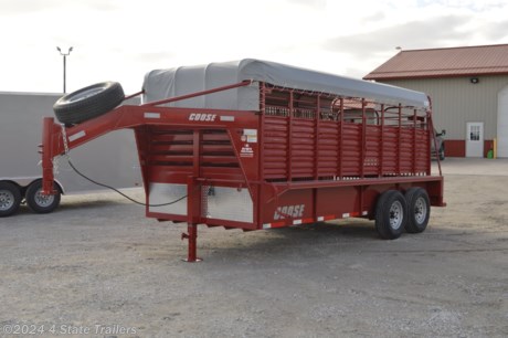 &lt;p&gt;We are delighted to offer this SHARP NEW 6&#39;8x16&#39;x6&#39;6 tarp top stock trailer built by COOSE Trailers! This unit comes with 2- 7k torsion axles with electric brakes, new 10 ply radial tires with spare, lifetime cleated rubber floor, 36&quot; full side escape door, butterfly rear gates with slam latches, 5 stacked 16 ga. formed slats on sides with 2&quot; gap at fender, superior quality PPG prime and paint finish, 1- center gate, LED lights, open drop wall with tube slats for superior airflow, LED backup/load light on rear. COOSE has been building quality livestock trailers for over 40 years, and they know how to do it right; they back their product with a 1 year warranty! Built strong, built neatly (even in the details and finish), built right! Stop by or call us today @ 918-676-5100 to get hooked up to one of the finest steel trailers on the market!!&lt;/p&gt;