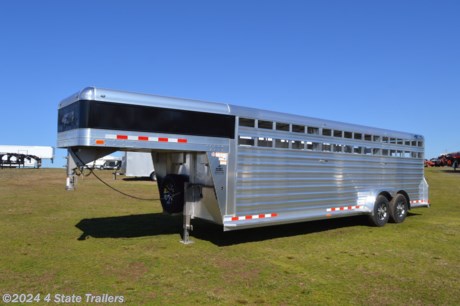 &lt;p&gt;We are delighted to offer this new 4 STAR Deluxe livestock trailer! This is one superb 7&#39;x24&#39;x6&#39;6&quot; cattle hauling rig, featuring 2- 7,000 lb. Dexter torsion axles with electric brakes, 16&quot; sharp aluminum rims, 10 ply GOODYEAR Endurance USA made tires, matching spare tire and rim, side escape door with padded butt chain and push/pull holdback, full swing rear gate with a super smooth slider, 2- center gates with sliders, and double catch slam latches with exterior release, fold down gate closes off the nose, plexi glass ready on the sides, heavy duty rear skid plate to help protect the trailer if it drags, heavy duty rear rubber bumper trailer and livestock protection, slam latch on rear gate, drop wall vents with hinged covers for increased airflow when you need it, LED lights, 3- interior LED dome lights (1- centered in each compartment), rear LED load light, switches for interior lights and load light recessed in the rear frame, 8 extra clearance lights along top rail, full length running boards with gusset joining to the rear frame, smooth .063&quot; thickness formed aluminum nose sheeting&amp;nbsp; (metallic black in color) with polished nose caps, one piece .040 thickness aluminum roof with 3M Extreme Sealing tape around the edges to prevent any leaks, .090 heavy duty teardrop fenders (riveted on for easier replacement if ever needed), sealed wiring harness to eliminate wiring issues down the road, heavy duty tubing sidewall supports 15&quot; on center, arched tubing roof bows 32&quot; on center, heavy duty 4&quot; aluminum I-beam floor supports 9 5/8&quot; on center, extra gusseting on all points around the trailer that are subjected to extra stress or heavy duty use, superior top rail with its inside structural web (that also protects the wiring which can be accessed through removable panels), structurally superior bottom rail, 5052 marine grade .125&quot;. thickness aluminum tread plate flooring with flattened ribs for increased bowing resistance fully welded on all seams, one piece drop wall and neck gussets formed from .190&quot; thickness aluminum (most competitors use .125 thickness and weld the drop panel to the side gussets), stainless steel or aluminum hardware as much as possible (including all the huck bolts that often rust on other trailers). The folks at 4 Star have been around a long time and have developed the finest stock and horse trailers available! They also weigh each trailer, so the weight that is given is not just estimated! They back each trailer with a 1 year hitch to bumper warranty, and 8 years on the structure of the trailer!&lt;/p&gt;