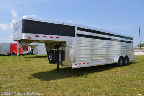 &lt;p&gt;We are delighted to offer this new 4 STAR Deluxe livestock trailer! This is one superb 7&#39;6&quot;x24&#39;x7&#39; cattle hauling rig, featuring two 7,000 lb. Dexter torsion axles with electric brakes, 16&quot; sharp aluminum rims, 10 ply GOODYEAR Endurance USA made tires, matching spare tire and rim, side escape door with push/pull holdback, full swing rear gate with a super smooth slider, two center gates with sliders and double catch slam latches with exterior release, a fold down gate in the nose, plexi glass on the sides, heavy duty rear skid plate to help protect the trailer if it drags, heavy duty rear rubber bumper for trailer and livestock protection, slam latch on rear gate, drop wall vents with hinged covers for increased airflow when you need it, LED lights, 3 interior LED dome lights (1 centered in each compartment), rear LED load light, switches for interior lights and load light recessed in the rear frame, full length running boards with gusset joining to the rear frame, smooth .050&quot; thickness formed aluminum nose sheeting (metallic black in color) with polished nose cap, one piece .040 thickness aluminum roof with 3M Extreme Sealing tape around the edges to prevent any leaks, .090 heavy duty teardrop fenders, sealed wiring harness to eliminate wiring issues down the road, heavy duty tubing sidewall supports 15&quot; on center, arched tubing roof bows 34&quot; on center, heavy duty 4&quot; aluminum I-beam floor supports 8&quot; on center, extra gusseting on all points around the trailer that are subjected to extra stress or heavy duty use, and 5052 marine grade .125&quot;. thickness aluminum tread plate flooring with flattened ribs for increased bowing resistance fully welded on all seams with WERM (We Eliminate Rubber Matts) flooring on top of that. The WERM product offers cushion, is quiet for loading, and has lots of traction. The folks at 4 Star have been around a long time and have developed the finest stock and horse trailers available! They also weigh each trailer, so the weight that is given is not just estimated. They back each trailer with a 1 year hitch to bumper warranty and 8 years on the structure of the trailer!&lt;/p&gt;