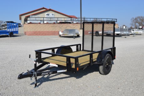 &lt;p&gt;Check out this Rice 5X8 utility trailer with a 3,500 lb axle, 15&quot; tires, a 4&#39; tubing rampgate that can fold into the trailer, a 2&quot; coupler, 3&quot; formed channel tongue, a powder coat finish, #1 treated wood floor, LED lights, and a sealed wiring harness. Rice builds a great trailer and gives a 1 year warranty. Come check it out!&lt;/p&gt;