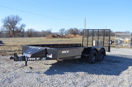 &lt;p&gt;Check out this Rice Stealth 82X16 utility trailer with two 3,500 lb axles, brakes on one axle, 15&quot; tires, 14&quot; solid sides, a toolbox, a 4&#39; tubing rampgate that can fold into the trailer, a powder coat finish, LED lights, a sealed wiring harness, an adjustable 2 5/16&quot; coupler, 5&quot; formed channel tongue, and a treated wood floor. The Stealth model is such a good looking utility trailer and comes with a 1 year warranty. Come see it for yourself!&lt;/p&gt;