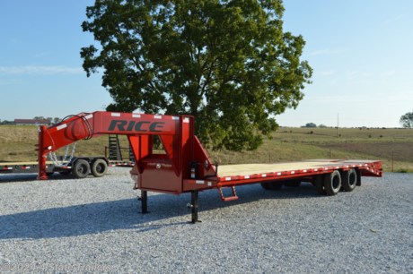 &lt;ul&gt;
&lt;li&gt;built by Rice Trailer Manufacturing&lt;/li&gt;
&lt;li&gt;102X30 flatbed trailer (25&#39; flatdeck + 5&#39; dovtail = 30&#39; overall)&lt;/li&gt;
&lt;li&gt;two 10,000&amp;nbsp;lb grease axles with electric brakes&lt;/li&gt;
&lt;li&gt;16&quot;&amp;nbsp;dual wheels with 10 ply tires&lt;/li&gt;
&lt;li&gt;12&quot; I-beam main frame with a torque tube&lt;/li&gt;
&lt;li&gt;two 10k dropleg jacks&lt;/li&gt;
&lt;li&gt;steps at the front of the trailer&lt;/li&gt;
&lt;li&gt;max ramps with spring assist&lt;/li&gt;
&lt;li&gt;stake pockets on 2&#39; centers&lt;/li&gt;
&lt;li&gt;heavy duty rubrail&lt;/li&gt;
&lt;li&gt;lockable toolbox&lt;/li&gt;
&lt;li&gt;sealed wiring harness&lt;/li&gt;
&lt;li&gt;LED lights&lt;/li&gt;
&lt;li&gt;treated wood floor&lt;/li&gt;
&lt;li&gt;full frame steel grit blasted, degreased, phosphatized, hot water pressure washed, and sealed&lt;/li&gt;
&lt;li&gt;powder coated finish&lt;/li&gt;
&lt;li&gt;1 year warranty&lt;/li&gt;
&lt;li&gt;Come check it out!&lt;/li&gt;
&lt;/ul&gt;