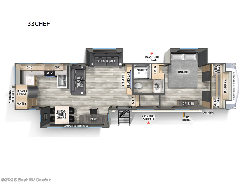 2026 Forest River Cardinal 33CHEF - New Fifth Wheel For Sale by Best RV Center in Turlock, California features Slideout
