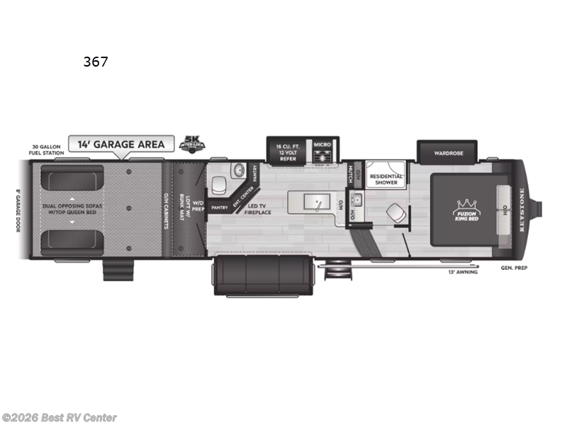2026 Keystone Fuzion Impact Edition 367 - New Toy Hauler For Sale by Best RV Center in Turlock, California features Slideout