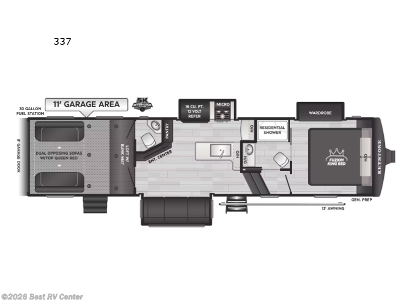 2026 Keystone Fuzion Impact Edition 337 - New Toy Hauler For Sale by Best RV Center in Turlock, California features Slideout