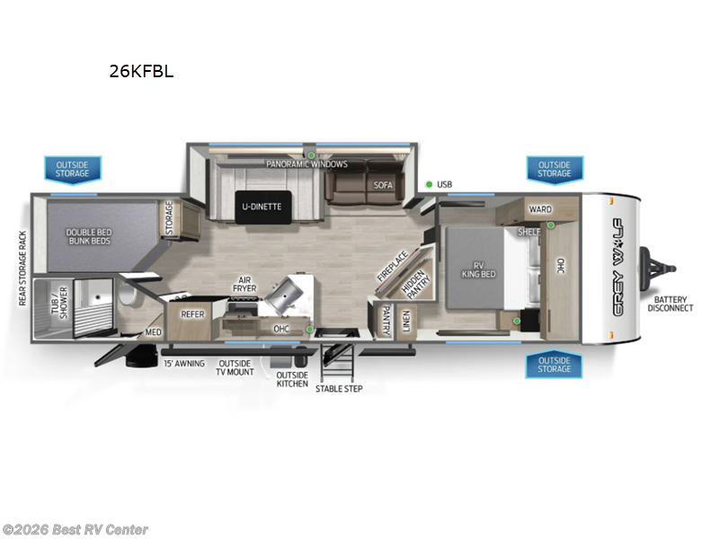 2026 Forest River Cherokee Grey Wolf Black Label 26KFBL - New Travel Trailer For Sale by Best RV Center in Turlock, California features Slideout
