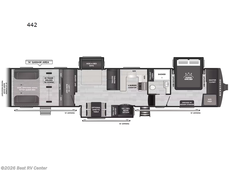 2026 Keystone Fuzion 442 - New Toy Hauler For Sale by Best RV Center in Turlock, California features Slideout