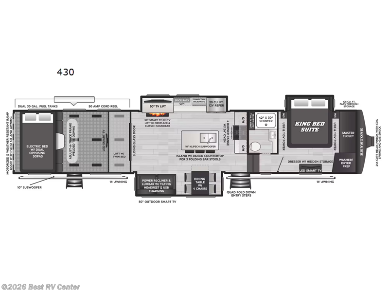 2026 Keystone Raptor 430 - New Toy Hauler For Sale by Best RV Center in Turlock, California features Slideout