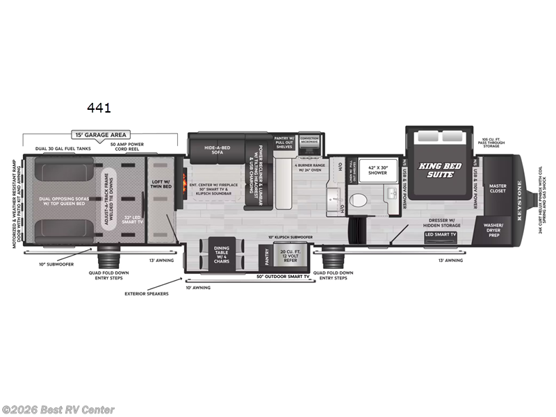 2026 Keystone Raptor 441 - New Toy Hauler For Sale by Best RV Center in Turlock, California features Slideout