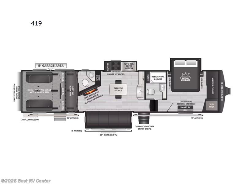 2027 Keystone Fuzion 419 - New Toy Hauler For Sale by Best RV Center in Turlock, California features Slideout