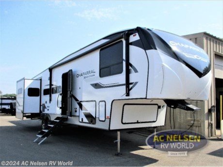&lt;p&gt;&lt;strong&gt;Coachmen RV Chaparral X Edition 355FBX fifth wheel highlights:&lt;/strong&gt;&lt;/p&gt; &lt;ul&gt; &lt;li&gt;U-Shaped Dinette&lt;/li&gt; &lt;li&gt;Private Front Bunkhouse&lt;/li&gt; &lt;li&gt;Stainless Steel Refrigerator&lt;/li&gt; &lt;li&gt;Large Privacy Dome Skylight&lt;/li&gt; &lt;li&gt;20&#39; Electric Awning with LED Lights&lt;/li&gt; &lt;/ul&gt; &lt;p&gt;&#160;&lt;/p&gt; &lt;p&gt;&lt;strong&gt;Two full baths&lt;/strong&gt;, double slides, and sleeping space for ten make this the perfect fifth wheel for families or larger groups. The front bunkhouse includes triple bunks, a hide-a-bed cube sofa, plus a wardrobe for clothes. You will love having the master suite all to yourselves with a &lt;strong&gt;queen bed slide out&lt;/strong&gt;, a wardrobe, plus&lt;strong&gt; dual bath sinks&lt;/strong&gt; in the rear bath. Everyone can meet in the main living area in the evening to dine around the U-shaped dinette or relax on the &lt;strong&gt;tri-fold hide-a-bed sofa&lt;/strong&gt;, and you can add an optional 50&quot; TV to the entertainment center if you enjoy movies while you camp. Some of your favorite features in the kitchen will be the extra deep farm style singe basin sink, the stainless steel appliances, and the large window at the cooktop for a great view outdoors!&lt;/p&gt; &lt;p&gt;&#160;&lt;/p&gt; &lt;p&gt;Each Chaparral X Edition fifth wheel by Coachmen features a&lt;strong&gt; family-friendly price point&lt;/strong&gt;, tons of interior space, and luxury features that will truly impress you! The modern Ebony hardware and solid hardwood cabinetry is sure to catch your attention, along with durable and seamless Thermofoil, &lt;strong&gt;granite/marble style countertops&lt;/strong&gt;. You will appreciate having USB ports to charge your electronics, plus a Winegard Air 360 HDTV/radio dome antenna and an AM/FM/CD/DVD player with Bluetooth to keep you entertained. Each model is constructed with durable rot proof &lt;strong&gt;Azdel composite sidewalls panels&lt;/strong&gt;, Weather Shield+, and Dexter E-Z Lube axles for smooth towing. The automotive painted front cap with an LED light strip provides these fifth wheels with a sleek look, and the &lt;strong&gt;UV and corrosion resistant TPO roof&lt;/strong&gt; will prolong the life of your RV so you can make camping memories for years to come!&lt;/p&gt;&lt;ul&gt;&lt;li&gt;Bunkhouse&lt;/li&gt;&lt;li&gt;Rear Bath&lt;/li&gt;&lt;li&gt;U Shaped Dinette&lt;/li&gt;&lt;li&gt;Two Full Baths&lt;/li&gt;&lt;/ul&gt;&lt;ul&gt;&lt;li&gt;17 CU FT REFER IPO 8 CU FT REFER&lt;/li&gt;&lt;li&gt; 2&quot; RECEIVER HITCH ACCESSORY&lt;/li&gt;&lt;li&gt; 2ND A/C IN BEDROOM&lt;/li&gt;&lt;li&gt; 4-PT ELEC AUTO LEVELING&lt;/li&gt;&lt;li&gt; 50&quot; LED TELEVISION&lt;/li&gt;&lt;li&gt; CHAPARRAL LITE PACKAGE&lt;/li&gt;&lt;li&gt; COMFORT AIR FAN (KITCHEN ONLY)&lt;/li&gt;&lt;li&gt; KING BED IPO STD QUEEN&lt;/li&gt;&lt;li&gt; NEBRASKA STATE SEAL&lt;/li&gt;&lt;li&gt; ROADSIDE ASSISTANCE&lt;/li&gt;&lt;li&gt; ROOF MOUNTED SOLAR PANEL&lt;/li&gt;&lt;/ul&gt;