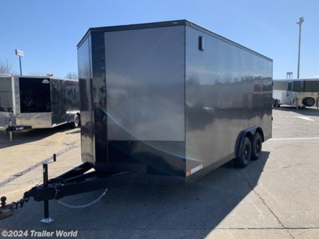 OPTIONS ON THIS UNIT:
8.5 X 16&#39;TA

7&#39; INTERIOR HEIGHT

5200# DROP AXLES

POLYCORE EXTERIOR CHARCOAL .080 THICK

BLACK OUT PACKAGE



STANDARD FEATURES:
16&quot; O.C. Cross Members
24&quot; O.C. Roof Members
16&quot; O.C. Side Walls
2-5/16&quot; Coupler
2-K Jack &amp; Sand Foot
48&quot; Side Door w/ Fl. Mt.
Locks
Deluxe Tag Bracket
1 X 1 1/2 Tubing Walls &amp;
Roof Members
0.024 White Alum. Metal
Semi-Screwless Exterior
Interior Height 78&quot;
3/4&quot; StableDeck Floors
3/8&quot; StableWall Walls
2&#39; V-Nose (ATP)
Aluminum Fender Flairs
Grey Mods Rims
ST205 15&quot; Radial Tires
1-Pc. Roof with Thermoply
lining
1-12 Volt Sensor Interior
Light
Plastic Side Wall Vent
24&quot; ATP Stone Guard &amp; J
Rail
4, 6-K Frame Mounted D-
Rings
Stepwell w/ ATP
3500# Leaf Spring Drop
Axle
Electric Brakes &amp; E-Z lube
Hubs
7-Way &amp; Electric
Breakaway
Trimmed Ramp Door
16&quot; Ramp Flap
LED DOT Approved
Lighting
6&quot; Tubing Frame
60&quot; Triple Tube Tongue
2&#39; Beaver Tail
Cobra Lined Rear Hoop
and Tongue



While we strive to represent our trailers with 100% accuracy - please call to confirm details of trailer.