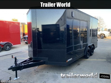OPTIONS ON THIS UNIT:
8.5 X 16&#39;TA

7&#39; INTERIOR HEIGHT

5200# DROP AXLES

POLYCORE EXTERIOR BLACK .080 THICK

BLACK OUT PACKAGE



STANDARD FEATURES:
16&quot; O.C. Cross Members
24&quot; O.C. Roof Members
16&quot; O.C. Side Walls
2-5/16&quot; Coupler
2-K Jack &amp; Sand Foot
48&quot; Side Door w/ Fl. Mt.
Locks
Deluxe Tag Bracket
1 X 1 1/2 Tubing Walls &amp;
Roof Members
0.024 White Alum. Metal
Semi-Screwless Exterior
Interior Height 78&quot;
3/4&quot; StableDeck Floors
3/8&quot; StableWall Walls
2&#39; V-Nose (ATP)
Aluminum Fender Flairs
Grey Mods Rims
ST205 15&quot; Radial Tires
1-Pc. Roof with Thermoply
lining
1-12 Volt Sensor Interior
Light
Plastic Side Wall Vent
24&quot; ATP Stone Guard &amp; J
Rail
4, 6-K Frame Mounted D-
Rings
Stepwell w/ ATP
3500# Leaf Spring Drop
Axle
Electric Brakes &amp; E-Z lube
Hubs
7-Way &amp; Electric
Breakaway
Trimmed Ramp Door
16&quot; Ramp Flap
LED DOT Approved
Lighting
6&quot; Tubing Frame
60&quot; Triple Tube Tongue
2&#39; Beaver Tail
Cobra Lined Rear Hoop
and Tongue



While we strive to represent our trailers with 100% accuracy - please call to confirm details of trailer.