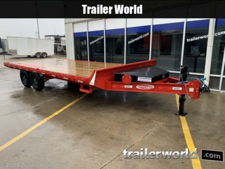 2024 Deck-over 102&quot; x 20&#39; Flat bed
* Powder coat superior paint finish
Color: Red 312-13 (gloss)
* VIN: 3F8BF2027R1009088
* Bumper Pull Straight Deck
* Engineered with 8&quot; Ultra Strong I Beam Frame and 3&quot;&quot;
Channel Crossmembers 16&quot; Centers.
* Adjustable (6-Hole) coupler 2- 5/16&quot;&quot;. Safety brake-away
system w/cable.
* 10,000 lbs spring loaded adjustable leg crank jack.
* 7,000 lbs Tandem axles includes electric brakes. GVWR:
14,000 lbs
* Multi-leaf spring suspension with equalizer With ST235/80R16 LRE
* HD Slide in ramps quick access.
* Treated Yellow Pine Floor.
* All Led Lighting
PIERCED FRAME CONSTRUCTION LIKE A SEMI
* While we strive to represent our trailers with 100% accuracy - please call to confirm details of trailer.