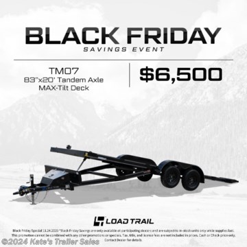 &lt;p&gt;NEW 83&quot; x 20&#39; Tandem Axle MAX-Tilt Deck&lt;/p&gt;
&lt;p&gt;&lt;strong&gt;BLACK FRIDAY SPECIAL&amp;nbsp;&lt;/strong&gt;&lt;/p&gt;
&lt;p&gt;5&quot; Channel Frame&lt;/p&gt;
&lt;p&gt;2 - 3,500 Lb Dexter Spring Axles (2 Elec FSA Brakes)&lt;/p&gt;
&lt;p&gt;ST205/75 R15 LRC 6 Ply.&amp;nbsp;&lt;/p&gt;
&lt;p&gt;Coupler 2&quot; Adjustable (4 HOLE)&lt;/p&gt;
&lt;p&gt;Smooth Plate Tear Drop Fenders (removable)&lt;/p&gt;
&lt;p&gt;24&quot; Cross-Members&lt;/p&gt;
&lt;p&gt;Jack Drop Leg 7000 lb.&lt;/p&gt;
&lt;p&gt;Power Up Full Deck(Blackwood PRO Floor)(w/TUFF Remote)&lt;/p&gt;
&lt;p&gt;Lights LED (w/Cold Weather Harness)&lt;/p&gt;
&lt;p&gt;4 - D-Rings 3&quot; Weld On&lt;/p&gt;
&lt;p&gt;Sport Box&lt;/p&gt;
&lt;p&gt;Winch Plate (8&quot; Channel)&lt;/p&gt;
&lt;p&gt;Spare Tire Mount&lt;/p&gt;
&lt;p&gt;Black (w/Primer)&lt;/p&gt;
&lt;p&gt;TM8320032&lt;/p&gt;
&lt;p&gt;&amp;nbsp;&lt;/p&gt;
&lt;p&gt;**Please call or email us to verify that this trailer is still for sale**&amp;nbsp; All prices on our website are Cash Prices. Tax, Title, and Licensing fees are not included in the listing price. All out-of-state purchasers must bring cash or a cashier&#39;s check. NO OUT OF STATE CHECKS WILL BE ACCEPTED!! We do NOT accept Credit Cards for payment on trailers! *Contact us for the best Out the Door Price* We offer financing through Sheffield Financial &amp;amp; Trailer Solutions Financial with approved credit on new trailers . Ask us about E-Track installs, D-Ring installs, Ladder Rack installs. Here at Kate&#39;s Trailer Sales we try to have over 400 trailers in stock and for sale at our Arthur IL location. We are a licensed Illinois Trailer Dealer. We also have a fully stocked selection of trailer parts and offer trailer service like wheel bearing, brakes, seals, lighting, wood replacement, panel replacement, welding on steel and aluminum, B&amp;amp;W Gooseneck Hitch installs, E-track installs, D-ring installs,Curt Hitches, Adjustable Hitches, B&amp;amp;W adjustable hitches. We stock Enclosed Cargo Trailers, Horse Trailers, Livestock Trailers, ATV Trailers, UTV Trailers, Dump Trailers, Tiltbed Equipment Trailers, Implement Trailers, Car Haulers, Aluminum Trailers, Utility Trailer, Box Trailer, Used Trailer for sale, Bobcat Trailer, Car Trailer, Race Trailers, Gooseneck Trailer, Gooseneck Enclosed Trailers, Gooseneck Dump Trailer, Hydraulic Dovetail Trailers, Low-Pro Trailers, Enclosed Car Trailers, Construction Trailers, Craft Trailers, Tool Trailers, Deckover Trailers, Farm Trailers, Seed Trailers, Skid Loader Trailer, Scissor Lift Trailers, Forklift Trailers, Motorcycle Trailers, Slingshot Trailer, Aluminum Cargo Trailers, Engineered I-Beam Gooseneck Trailers, Buggy Haulers, Jeep Trailers, SXS Trailer, Pipetop Trailer, Spring Loaded Gate Trailers, Trailer to haul my Golf-Cart, Pintle Trailer, Backhoe Trailer, Landscape Trailer, Lawn Care Trailer.&amp;nbsp; We are centrally located between Chicago IL, Indianapolis IN, St Louis MO, Effingham IL, Champaign IL, Decatur IL, Springfield IL, Rockford IL,Peoria IL , Bloomington IL, Mount Vernon IL, Teutopolis IL, Decatur IL, Litchfield IL, Danville IL. We are a dealer for Aluma Aluminum Trailers, Cross Enclosed Cargo Trailers, Load Trail Trailers, Midsota Trailers, Nova Trailers by Midsota, Pace Trailers, Lamar Trailers, Rice Trailers, Sundowner Trailers, ATC Trailers, H&amp;amp;H Trailers, Horizon Trailers, Delta Livestock Trailers, Delta Horse Trailers.&lt;/p&gt;