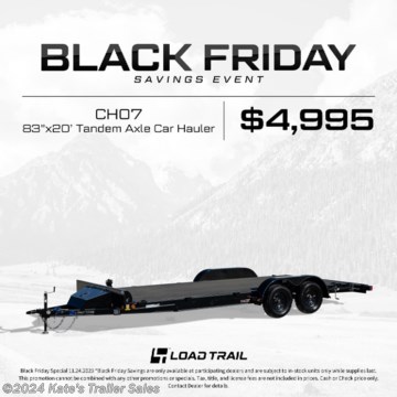 &lt;p&gt;NEW 83&quot; x 20&#39; Tandem Axle Carhauler&lt;/p&gt;
&lt;p&gt;&lt;strong&gt;BLACK FRIDAY SPECIAL&amp;nbsp;&lt;/strong&gt;&lt;/p&gt;
&lt;p&gt;5&quot; Channel Frame&lt;/p&gt;
&lt;p&gt;2 - 3,500 Lb Dexter Spring Axles (2 Elec FSA Brakes)&lt;/p&gt;
&lt;p&gt;ST205/75 R15 LRC 6 Ply.&amp;nbsp;&lt;/p&gt;
&lt;p&gt;Coupler 2&quot; A-Frame Cast&lt;/p&gt;
&lt;p&gt;Blackwood PRO Floor w/2&#39; Dove Tail (Only On 12&#39; &amp;amp; Up)&lt;/p&gt;
&lt;p&gt;Smooth Plate Tear Drop Fenders (removable)&lt;/p&gt;
&lt;p&gt;REAR Slide-IN Ramps 5&#39; x 16&quot; (carhauler)(Dove)&lt;/p&gt;
&lt;p&gt;24&quot; Cross-Members&lt;/p&gt;
&lt;p&gt;Jack 2000 lb.&lt;/p&gt;
&lt;p&gt;Lights LED (w/Cold Weather Harness)&lt;/p&gt;
&lt;p&gt;4 - D-Rings 3&quot; Weld On&lt;/p&gt;
&lt;p&gt;Sport Box&lt;/p&gt;
&lt;p&gt;Winch Plate (8&quot; Channel)&lt;/p&gt;
&lt;p&gt;Spare Tire Mount&lt;/p&gt;
&lt;p&gt;Black (w/Primer)&lt;/p&gt;
&lt;p&gt;CH8320032&lt;/p&gt;
&lt;p&gt;&amp;nbsp;&lt;/p&gt;
&lt;p&gt;**Please call or email us to verify that this trailer is still for sale**&amp;nbsp; All prices on our website are Cash Prices. Tax, Title, and Licensing fees are not included in the listing price. All out-of-state purchasers must bring cash or a cashier&#39;s check. NO OUT OF STATE CHECKS WILL BE ACCEPTED!! We do NOT accept Credit Cards for payment on trailers! *Contact us for the best Out the Door Price* We offer financing through Sheffield Financial &amp;amp; Trailer Solutions Financial with approved credit on new trailers . Ask us about E-Track installs, D-Ring installs, Ladder Rack installs. Here at Kate&#39;s Trailer Sales we try to have over 400 trailers in stock and for sale at our Arthur IL location. We are a licensed Illinois Trailer Dealer. We also have a fully stocked selection of trailer parts and offer trailer service like wheel bearing, brakes, seals, lighting, wood replacement, panel replacement, welding on steel and aluminum, B&amp;amp;W Gooseneck Hitch installs, E-track installs, D-ring installs,Curt Hitches, Adjustable Hitches, B&amp;amp;W adjustable hitches. We stock Enclosed Cargo Trailers, Horse Trailers, Livestock Trailers, ATV Trailers, UTV Trailers, Dump Trailers, Tiltbed Equipment Trailers, Implement Trailers, Car Haulers, Aluminum Trailers, Utility Trailer, Box Trailer, Used Trailer for sale, Bobcat Trailer, Car Trailer, Race Trailers, Gooseneck Trailer, Gooseneck Enclosed Trailers, Gooseneck Dump Trailer, Hydraulic Dovetail Trailers, Low-Pro Trailers, Enclosed Car Trailers, Construction Trailers, Craft Trailers, Tool Trailers, Deckover Trailers, Farm Trailers, Seed Trailers, Skid Loader Trailer, Scissor Lift Trailers, Forklift Trailers, Motorcycle Trailers, Slingshot Trailer, Aluminum Cargo Trailers, Engineered I-Beam Gooseneck Trailers, Buggy Haulers, Jeep Trailers, SXS Trailer, Pipetop Trailer, Spring Loaded Gate Trailers, Trailer to haul my Golf-Cart, Pintle Trailer, Backhoe Trailer, Landscape Trailer, Lawn Care Trailer.&amp;nbsp; We are centrally located between Chicago IL, Indianapolis IN, St Louis MO, Effingham IL, Champaign IL, Decatur IL, Springfield IL, Rockford IL,Peoria IL , Bloomington IL, Mount Vernon IL, Teutopolis IL, Decatur IL, Litchfield IL, Danville IL. We are a dealer for Aluma Aluminum Trailers, Cross Enclosed Cargo Trailers, Load Trail Trailers, Midsota Trailers, Nova Trailers by Midsota, Pace Trailers, Lamar Trailers, Rice Trailers, Sundowner Trailers, ATC Trailers, H&amp;amp;H Trailers, Horizon Trailers, Delta Livestock Trailers, Delta Horse Trailers.&lt;/p&gt;
&lt;p&gt;&amp;nbsp;&lt;/p&gt;
