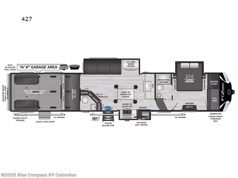 2023 Keystone Fuzion 427 - Used Toy Hauler For Sale by Blue Compass RV Columbus in Delaware, Ohio features Slideout