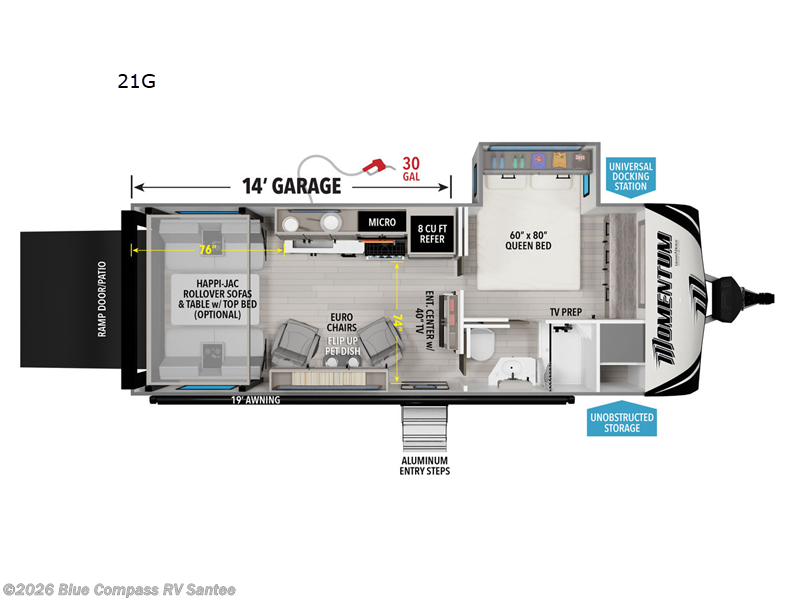 2026 Grand Design Momentum G-Class 21G - New Toy Hauler For Sale by Blue Compass RV Santee in Santee, California features Slideout