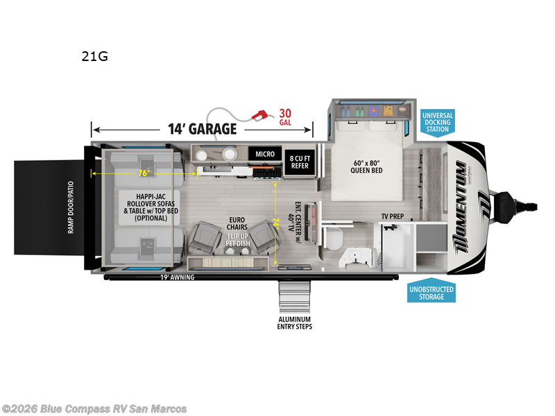 2026 Grand Design Momentum G-Class 21G - New Toy Hauler For Sale by Blue Compass RV San Marcos in San Marcos, California features Slideout