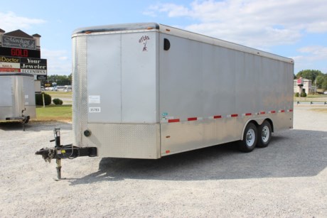 RENTAL UNIT. $150 PER DAY OR $600 PER WEEK. ATLAS 8.5  X 20  ENCLOSED CAR HAULER, REAR RAMP DOOR, 48  SIDE DOOR, FLOOR OR WALL TIE DOWNS, STRAPS AVAILABLE. INTERIOR DOME LIGHTS. REQUIRES 2-5/16  BALL FOR TOWING. COMES WITH A SPARE TIRE. RENTALS ARE ROUND TRIP ONLY AND REQUIRE A $100 REFUNDABLE DEPOSIT.