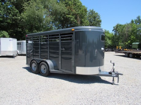RENTAL UNIT. 2018 CALICO 16  BUMPER PULL LIVESTOCK TRAILER, $125 PER DAY, $500 PER WEEK, 6  WIDE, 6 6  HEIGHT, REAR FULL SWING GATE W/ SLIDER, DIVIDER GATE WITH SLAM LATCH, ESCAPE DOOR, WOOD FLOOR, INSIDE AND OUTSIDE TIE HOOKS, 2  A-FRAME COUPLER, 2-3.5K TORSION AXLES, ONE ELECTRIC BRAKE, ST235/80R16  RADIAL TIRES, SPARE TIRE MOUNT. RENTALS ARE ROUND TRIP ONLY AND REQUIRE A $100 REFUNDABLE DEPOSIT.
