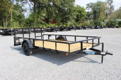 2022 TOP HAT 14  X 83  DERBY SINGLE AXLE UTILITY TRAILER, 2  DOVETAIL, REAR 3  STRAIGHT TAILGATE, 4  CHANNEL TONGUE, 3X2 ANGLE FRAME AND CROSSMEMBERS, 2 3/8  PIPE TOPRAIL, TREATED WOOD FLOOR, 4 STAKE POCKETS, SMOOTH STEEL FENDERS, 3.5K (DEXTER) IDLER SPRING AXLE, 15  RADIAL TIRES, 2K A-FRAME JACK, 2  FORGED A-FRAME COUPLER, LED TAIL LIGHTS, BLACK VALSPAR PAINT, ONE YEAR LIMITED MANUFACTURER WARRANTY.