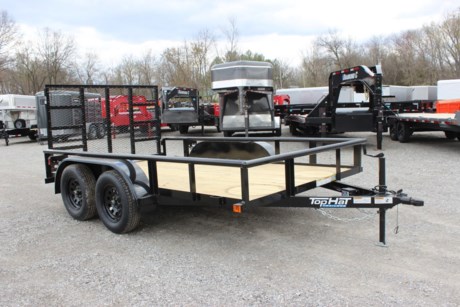 2022 TOP HAT 12  X 83  TANDEM AXLE UTILITY TRAILER, STRAIGHT DECK, REAR 4  FOLD-IN TAILGATE, 4  CHANNEL TONGUE, 3X2 ANGLE FRAME AND CROSSMEMBERS, 2 3/8  PIPE TOPRAIL, TREATED WOOD FLOOR, STAKE POCKETS, SMOOTH STEEL FENDERS, 2-3.5K (DEXTER) SPRING AXLES, ONE ELECTRIC BRAKE AXLE, BREAK AWAY UNIT WITH CHARGER, 15  RADIAL TIRES, 2K A-FRAME JACK, 2  FORGED A-FRAME COUPLER, LED TAIL LIGHTS, BLACK VALSPAR PAINT, ONE YEAR LIMITED MANUFACTURER WARRANTY.