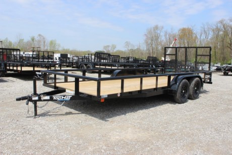 2022 TOP HAT 18  X 83  ECONO TANDEM AXLE UTILITY TRAILER, STRAIGHT DECK, REAR 4  FOLD-IN TAILGATE, 4  CHANNEL TONGUE, 3X2 ANGLE FRAME AND CROSSMEMBERS, 2 3/8  PIPE TOPRAIL, TREATED WOOD FLOOR, STAKE POCKETS, SMOOTH STEEL FENDERS, 2-3.5K (DEXTER) SPRING AXLES, ONE ELECTRIC BRAKE AXLE, BREAK AWAY UNIT WITH CHARGER, 15  RADIAL TIRES, 2K A-FRAME JACK, 2  FORGED A-FRAME COUPLER, LED TAIL LIGHTS, BLACK VALSPAR PAINT, ONE YEAR LIMITED MANUFACTURER WARRANTY.