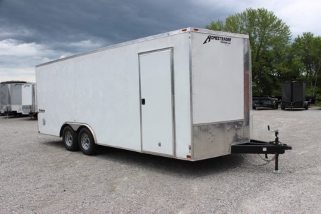 USED, LIKE NEW, 2021 HOMESTEADER INTREPID 8.5  X 20  ENCLOSED CAR HAULER TRAILER FOR SALE, 78  INTERIOR HEIGHT, 24  V-NOSE WITH TREADPLATE STONEGUARD, 2-3.5K ELECTRIC BRAKE AXLES, SPRING SUSPENSION, 15  RADIAL TIRES, SPARE HOLDER - INTERIOR MOUNT, WHITE EXTERIOR ALUMINUM, ONE PIECE ALUMINUM ROOF, WHITE CEILING UNDERLAYMENT, 16  ON CENTER FLOOR CROSSMEMBERS, WALL POSTS, AND ROOF BOWS, 32  BONDED SIDE DOOR WITH FLUSH LOCK, REAR RAMP DOOR WITH EXTENDED WOOD FLAP, 4 FOOT BEAVER TAIL, 3/4  PLYWOOD FLOOR, 3/8  PLYWOOD WALLS, 4 FLOOR MOUNT D-RINGS, FLOW THRU SIDE WALL VENTS, INTERIOR DOME LIGHT, LED EXTERIOR LIGHTS, A-FRAME JACK, 2-5/16  A-FRAME COUPLER.