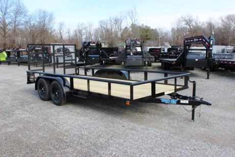 2022 TOP HAT 16  X 83  ECONO TANDEM AXLE UTILITY TRAILER, STRAIGHT DECK, REAR 4  FOLD-IN TAILGATE, 4  CHANNEL TONGUE, 3X2 ANGLE FRAME AND CROSSMEMBERS, 2 3/8  PIPE TOPRAIL, TREATED WOOD FLOOR, STAKE POCKETS, SMOOTH STEEL FENDERS, 2-3.5K (DEXTER) SPRING AXLES, ONE ELECTRIC BRAKE AXLE, BREAK AWAY UNIT WITH CHARGER, 15  RADIAL TIRES, 2K A-FRAME JACK, 2  FORGED A-FRAME COUPLER, LED TAIL LIGHTS, BLACK VALSPAR PAINT, ONE YEAR LIMITED MANUFACTURER WARRANTY.