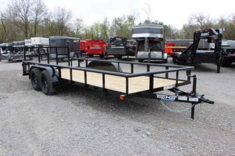 2022 TOP HAT 18  X 77  ECONO TANDEM AXLE UTILITY TRAILER, 2  DOVETAIL, REAR 3  TAILGATE, 4  CHANNEL TONGUE, 3X2 ANGLE FRAME AND CROSSMEMBERS, 2 3/8  PIPE TOPRAIL, TREATED WOOD FLOOR, STAKE POCKETS, SMOOTH STEEL FENDERS, 2-3.5K (DEXTER) SPRING AXLES, ONE ELECTRIC BRAKE AXLE, BREAK AWAY UNIT WITH CHARGER, 15  RADIAL TIRES, 2K A-FRAME JACK, 2  FORGED A-FRAME COUPLER, LED TAIL LIGHTS, BLACK VALSPAR PAINT, ONE YEAR LIMITED MANUFACTURER WARRANTY.