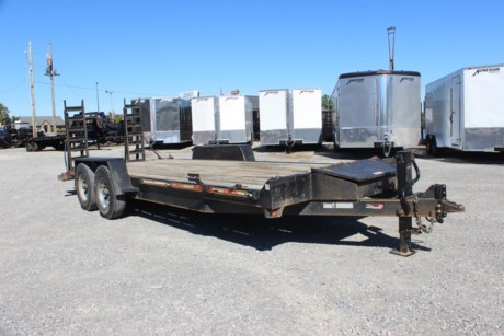 USED 2017 HEARTLAND 20  X 82  FLATBED EQUIPMENT TRAILER FOR SALE, SUSPENSION NEEDS FIXED, AS IS, 2-7K AXLES, SPRING SUSPENSION, DECENT 14 PLY TIRES, WOOD FLOOR, 2  DOVETAIL, 5  STAND UP RAMPS, RUB RAIL WITH STAKE POCKETS, D-RING TIE DOWNS, SPARE TIRE MOUNT, 2-5/16  COUPLER, 10K DROP LEG JACK.