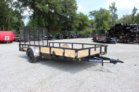 2022 LOAD TRAIL 83  X 14  CHANNEL FRAME UTILITY TRAILER, SINGLE AXLE, 1-3,500 LB DEXTER IDLER SPRING AXLE, ST205/75R15 LRC 6 PLY TIRES, SPARE TIRE MOUNT, 2  A-FRAME CAST COUPLER, 5K SWIVEL TONGUE JACK, TREATED WOOD FLOOR, STRAIGHT DECK, 4  FOLD UP GATE (SPRING ASSIST), 24  ON CENTER CROSS-MEMBERS, SQUARE TUBE SIDE RAILS (REMOVABLE), DIAMOND PLATE ALUMINUM FENDERS, (4) U-HOOK TIE DOWNS, LED LIGHTS WITH SEALED WIRING HARNESS, COLD WEATHER HARNESS, BLACK POWDERCOAT WITH PRIMER, 3 YEAR STRUCTURAL - LIMITED WARRANTY.