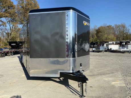 2023 COUNTRY BLACKSMITH ENCLOSED CARGO TRAILER,  PLATINUM SERIES, ROUND TOP WITH WEDGE NOSE, 24  TALL FRONT STONEGUARD, BRITE FRONT NOSE,  8.5  X 24  PLUS 3  WEDGE NOSE,  84  INTERIOR HEIGHT,  TRANSLUCENT ROOF UPGRADE,  6  EXTENDED TONGUE WITH TRIPLE TUBE,  2-5.2K TORSION RIDE AXLES,  ELECTRIC BRAKES ON ALL WHEELS, BREAKAWAY KIT,  SILVER 15  WHEELS WITH ST225/75/R15 RADIAL 8 PLY TIRES,  REAR RAMP DOOR W/ FLAP, 2ND GRAB HANDLE,  48  ALUMINUM FRAME SIDE DOOR WITH RV LATCH AND BAR LOCK,  ALUMINUM DOOR HOLDBACKS, ALL KEYED ALIKE-ALL 3 HASPS,  HIGH QUALITY .030  ALUMINUM SHEET METAL EXTERIOR, SCREWLESS,  CHARCOAL EXTERIOR COLOR, 3  HEAVY DUTY BOTTOM TRIM,  12  WALL, ROOF AND FLOOR CENTERS,  HD TUBE SIDEWALL FRAME, HD TOP TUBE FRAME,  ELECTROLYSIS BARRIER BETWEEN STEEL AND ALUMINUM,  TUBE MAIN FRAME AND C-CHANNEL FLOOR CROSSMEMBERS, WELDED CONSTRUCTION, REAR SILL UPGRADED TO 2  TUBE,  UNDERCOATING ON FRAME,  FRAMED FOR ROOF VENT, FLOW THRU SIDEWALL VENTS,  3/8  DRYMAX WALLS,  3/4  DRYMAX FLOOR, WATERPROOF,  LED LIGHTS, DOT COMPLIANT, RV 7 PIN PLUG, 2ND SET OF STRIP LED TAILLIGHTS,  (3) LED DOME LIGHTS WITH SWITCH,  2-5/16  ADJUSTABLE BALL COUPLER,  DOT RATED SAFETY CHAINS,  7K DROP LEG JACK,  3 YEAR FRAME WARRANTY.