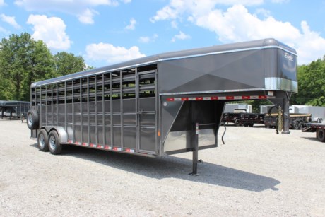 BRAND NEW 2021 DELTA 600HD 24  GN LIVESTOCK TRAILER, 6 8  WIDE, 84  TALL, 2 DIVIDER GATES W/ SLAM LATCHES, REAR FULL SWING GATE W/ SLIDER AND SLAM LATCH, ESCAPE DOOR, TREATED WOOD FLOOR, 1X2 TUBING CROSSMEMBERS ON 20  CENTERS, FRAME CROSSMEMBERS ON 16  CENTERS, SPARE TIRE, SINGLE 10K DROP LEG JACK, LED EXTERIOR LIGHTS, (3) INTERIOR DOME LIGHTS, 2-7K ELECTRIC BRAKE TORSION AXLES, ST235/80R16  TIRES, STORM GREY METALLIC PAINT.