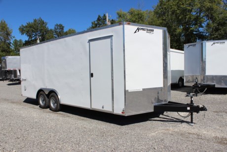2024 HOMESTEADER INTREPID 8.5  X 20  ENCLOSED CAR HAULER TRAILER FOR SALE, 78  INTERIOR HEIGHT, 24  V-NOSE WITH TREADPLATE STONEGUARD, 2-3.5K ELECTRIC BRAKE AXLES, SPRING SUSPENSION, 15  RADIAL TIRES, WHITE EXTERIOR ALUMINUM, ONE PIECE ALUMINUM ROOF, WHITE CEILING UNDERLAYMENT, 16  ON CENTER FLOOR CROSSMEMBERS, WALL POSTS, AND ROOF BOWS, 32  BONDED SIDE DOOR WITH FLUSH LOCK, REAR RAMP DOOR WITH EXTENDED WOOD FLAP, 4 FOOT BEAVER TAIL, 3/4  PLYWOOD FLOOR, 3/8  PLYWOOD WALLS, 4 FLOOR MOUNT D-RINGS, FLOW THRU SIDE WALL VENTS, INTERIOR DOME LIGHT, LED EXTERIOR LIGHTS, A-FRAME JACK, 2-5/16  COUPLER.