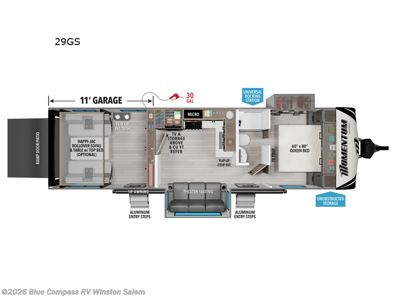 2026 Grand Design Momentum G-Class 29GS - New Toy Hauler For Sale by Blue Compass RV Winston Salem in Rural Hall, North Carolina features Slideout