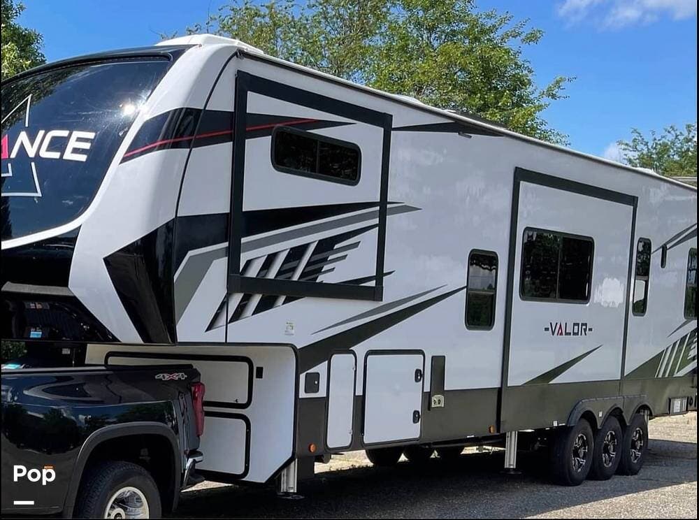 2022 Alliance RV Valor 40V13 - Used Toy Hauler For Sale by Pop RVs in Still Pond, Maryland features Slideout, Leveling Jacks, Air Conditioning, Awning