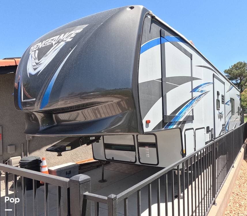 2019 Forest River Vengeance 388V16 - Used Toy Hauler For Sale by Pop RVs in Victorville, California features Air Conditioning, Awning, Generator, Leveling Jacks, Slideout