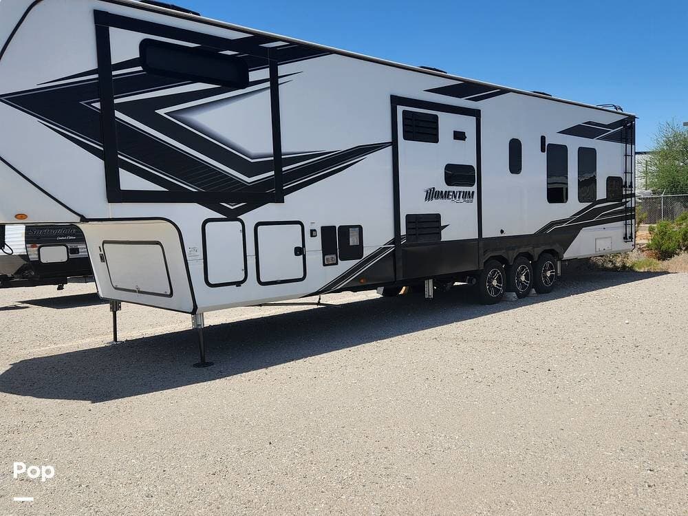 2022 Grand Design Momentum 381MS - Used Toy Hauler For Sale by Pop RVs in Yuma, Arizona features Slideout, Air Conditioning, Leveling Jacks, Generator, Awning
