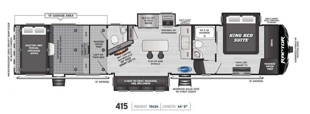 2024 Keystone Raptor 415 - Used Toy Hauler For Sale by Pop RVs in Paris, Tennessee features Awning, Air Conditioning, Slideout, Leveling Jacks