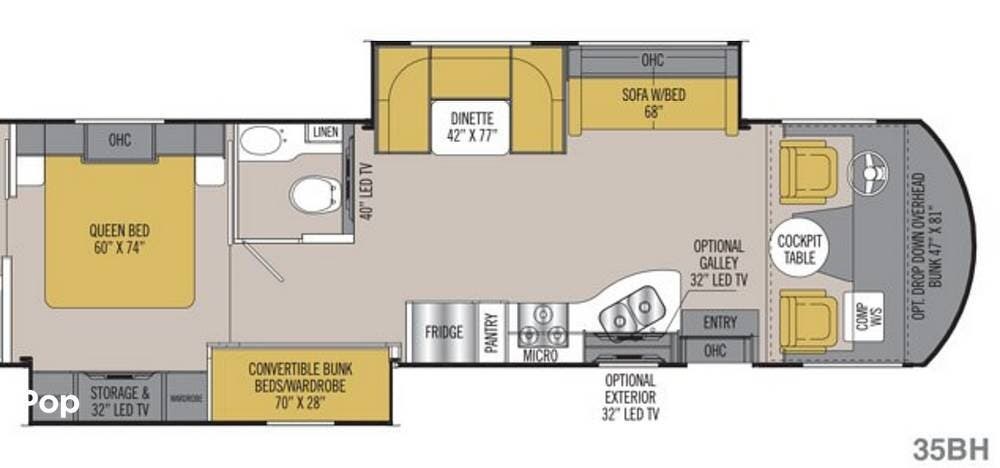 2018 Coachmen Mirada 34BH - Used Class A For Sale by Pop RVs in Clermont, Florida features Generator, Leveling Jacks, Awning, Slideout, Air Conditioning