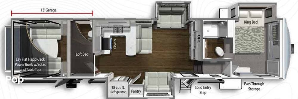 2023 Dutchmen Voltage 4225 - Used Toy Hauler For Sale by Pop RVs in South Clermont, Florida features Leveling Jacks, Generator, Slideout, Awning, Air Conditioning